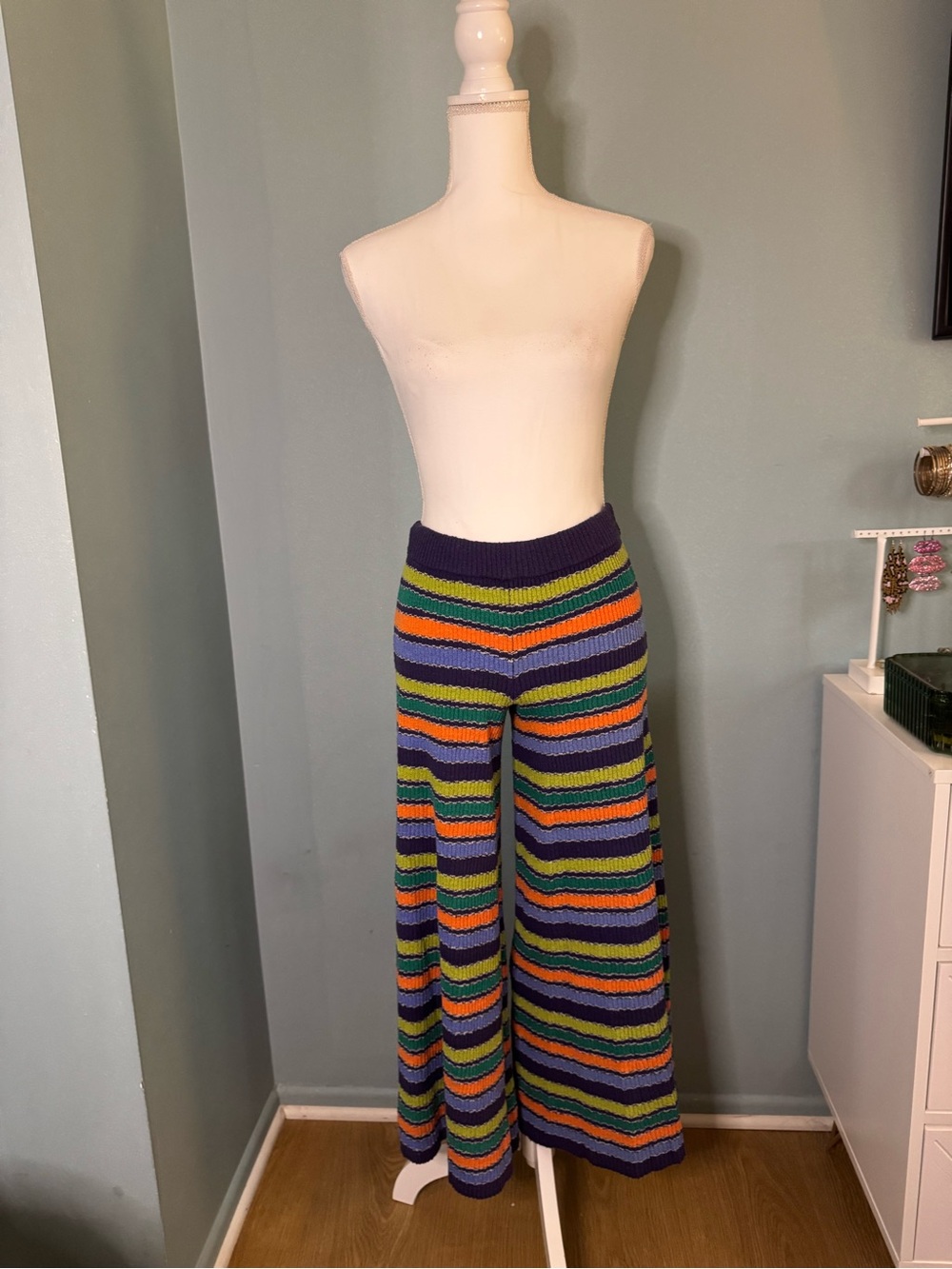 NWT Free People Over the Rainbow Wide-Leg Knit Stripe Pants Dark Blue